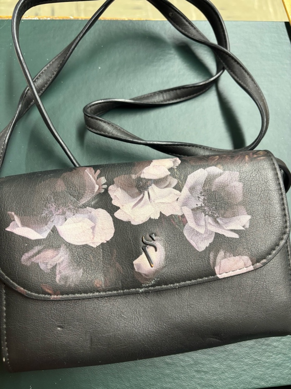 Victoria's Secret Black Crossbody Mini Bag with Pale Pink Floral Print